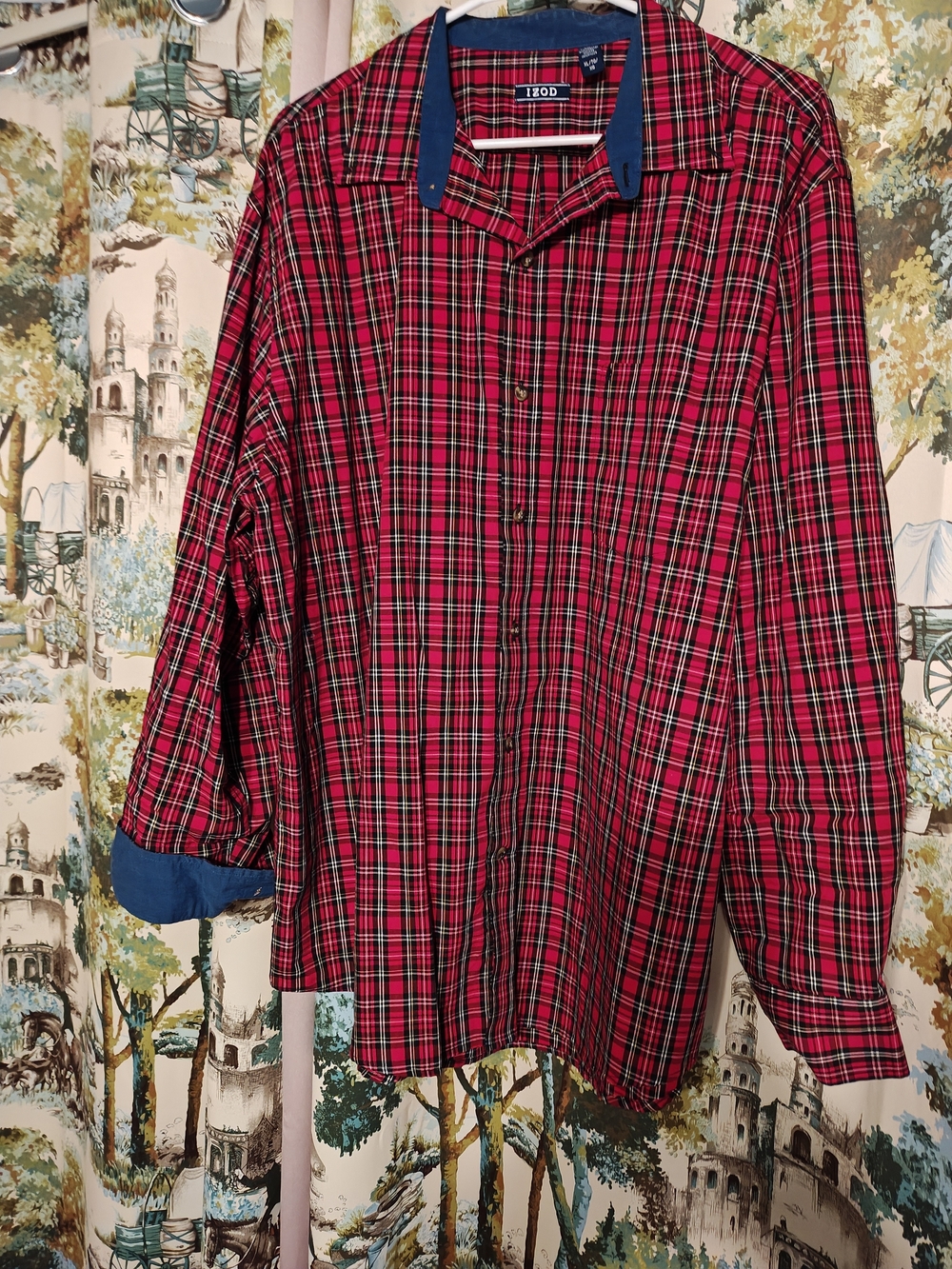 Izod Red Plaid Button-Down Shirt with Navy Contrast Trim